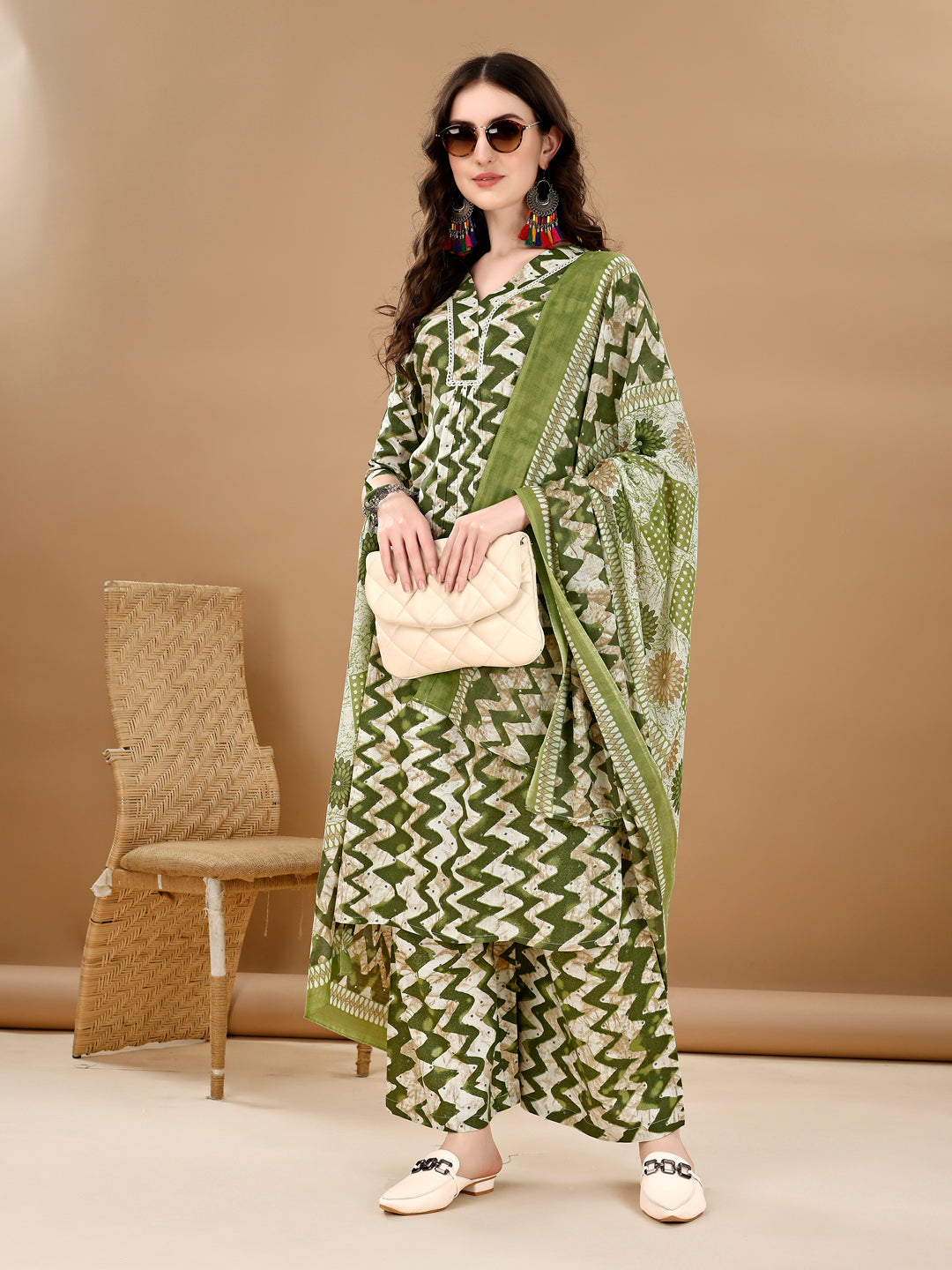 Chevron Printed Kurta With Palazzo Pant & Dupatta, Green - Hiral Fashion | Grocsy