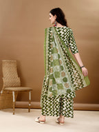 Chevron Printed Kurta With Palazzo Pant & Dupatta, Green - Hiral Fashion | Grocsy