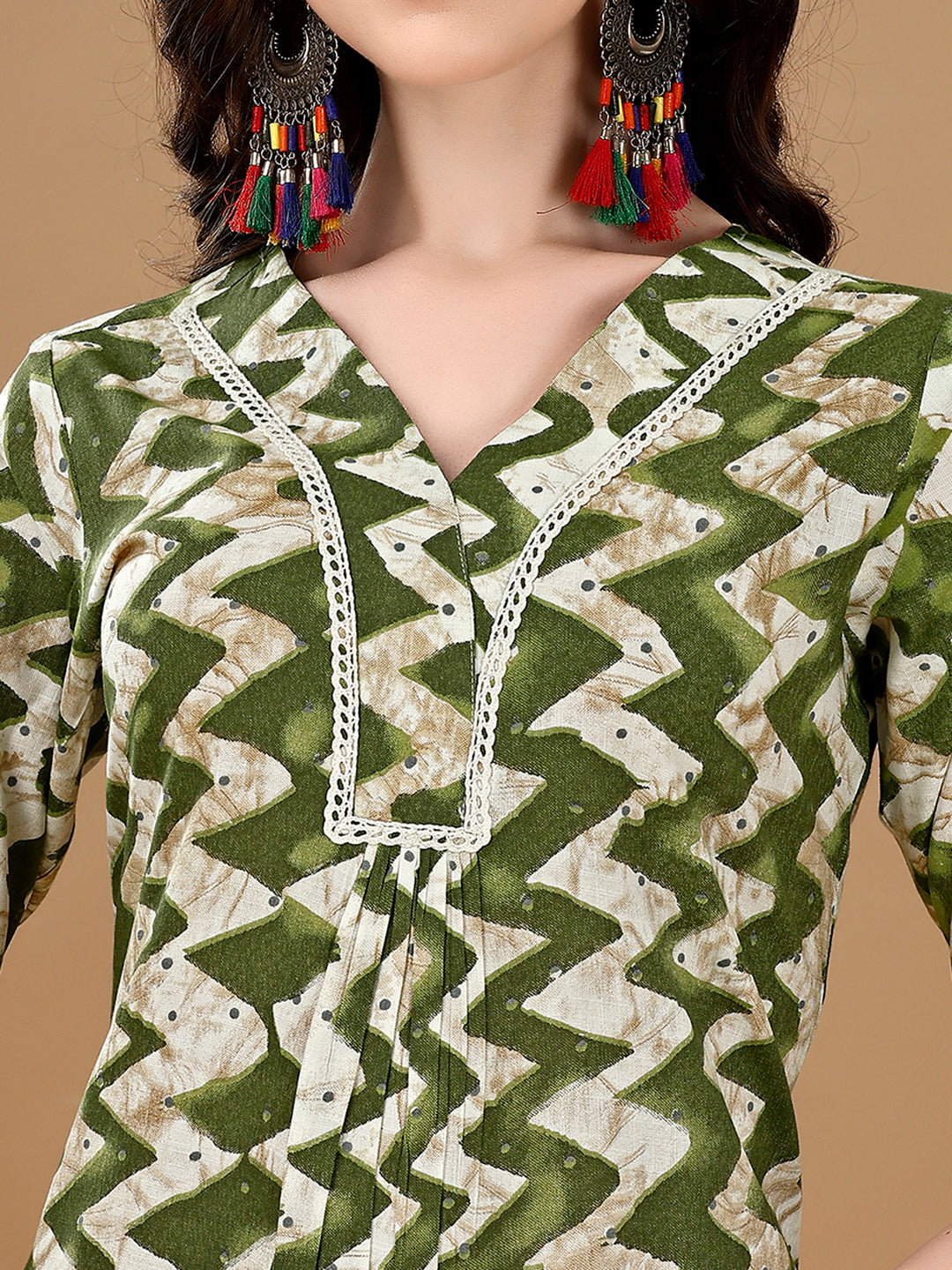 Chevron Printed Kurta With Palazzo Pant & Dupatta, Green - Hiral Fashion | Grocsy