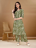 Chevron Printed Kurta With Palazzo Pant & Dupatta, Green - Hiral Fashion | Grocsy