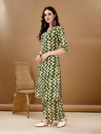 Chevron Printed Kurta With Palazzo Pant & Dupatta, Green - Hiral Fashion | Grocsy