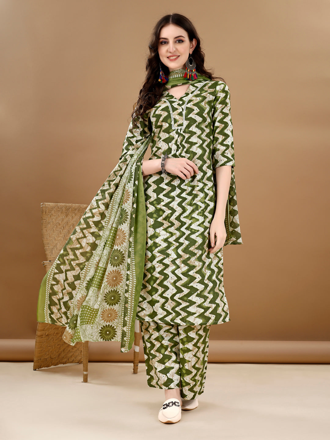 Chevron Printed Kurta With Palazzo Pant & Dupatta, Green - Hiral Fashion | Grocsy