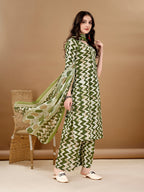 Chevron Printed Kurta With Palazzo Pant & Dupatta, Green - Hiral Fashion | Grocsy