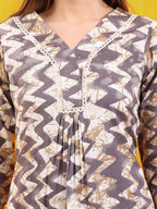 Chevron Printed Kurta With Palazzo Pant & Dupatta, Grey - Hiral Fashion | Grocsy