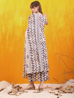 Chevron Printed Kurta With Palazzo Pant & Dupatta, Grey - Hiral Fashion | Grocsy