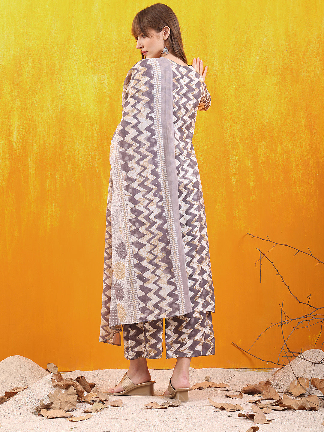 Chevron Printed Kurta With Palazzo Pant & Dupatta, Grey - Hiral Fashion | Grocsy
