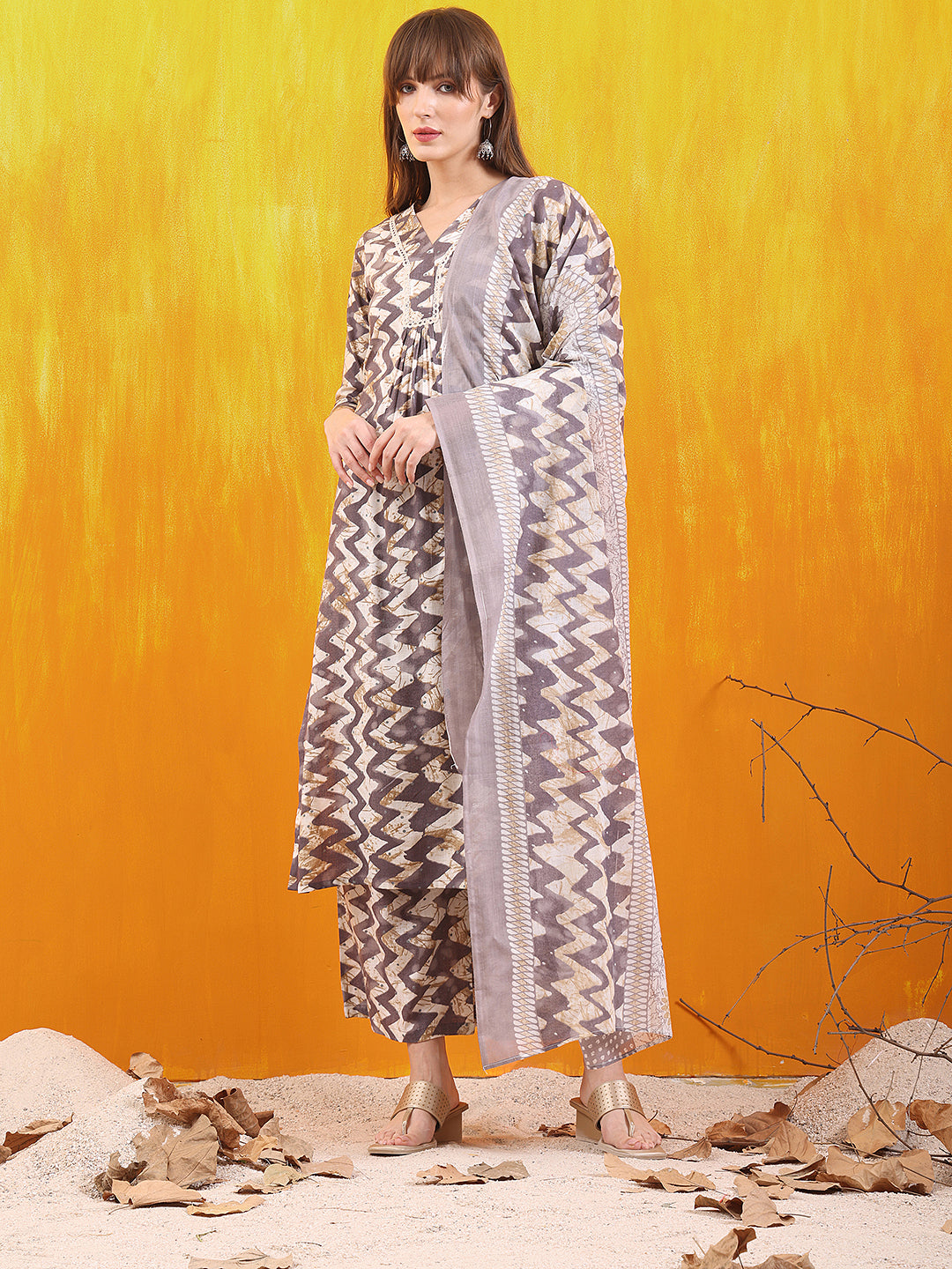 Chevron Printed Kurta With Palazzo Pant & Dupatta, Grey - Hiral Fashion | Grocsy
