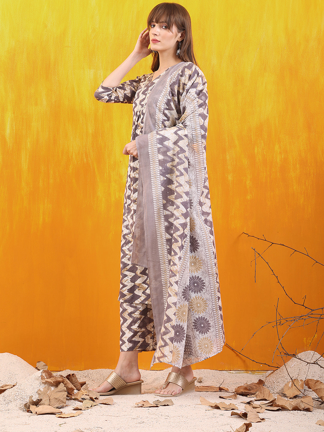 Chevron Printed Kurta With Palazzo Pant & Dupatta, Grey - Hiral Fashion | Grocsy