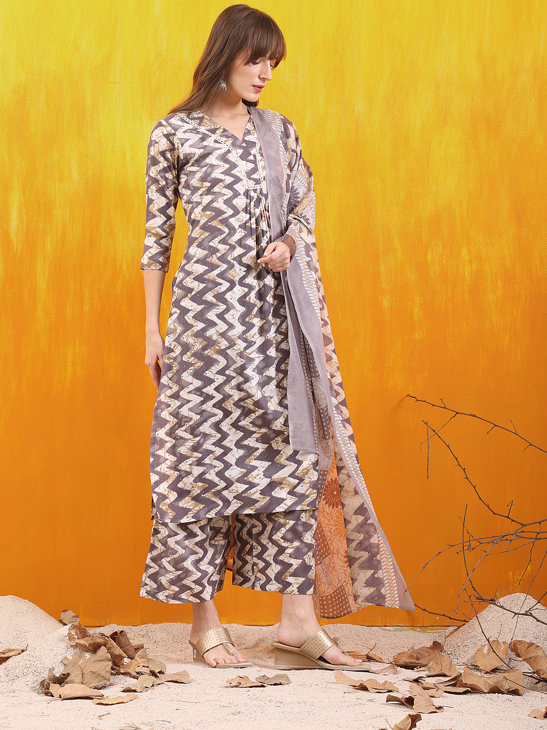 Chevron Printed Kurta With Palazzo Pant & Dupatta, Grey - Hiral Fashion | Grocsy