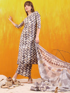 Chevron Printed Kurta With Palazzo Pant & Dupatta, Grey - Hiral Fashion | Grocsy