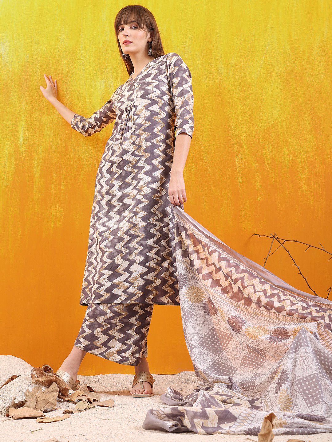 Chevron Printed Kurta With Palazzo Pant & Dupatta, Grey - Hiral Fashion | Grocsy