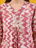 Chevron Printed Kurta With Palazzo Pant & Dupatta, Pink - Hiral Fashion | Grocsy