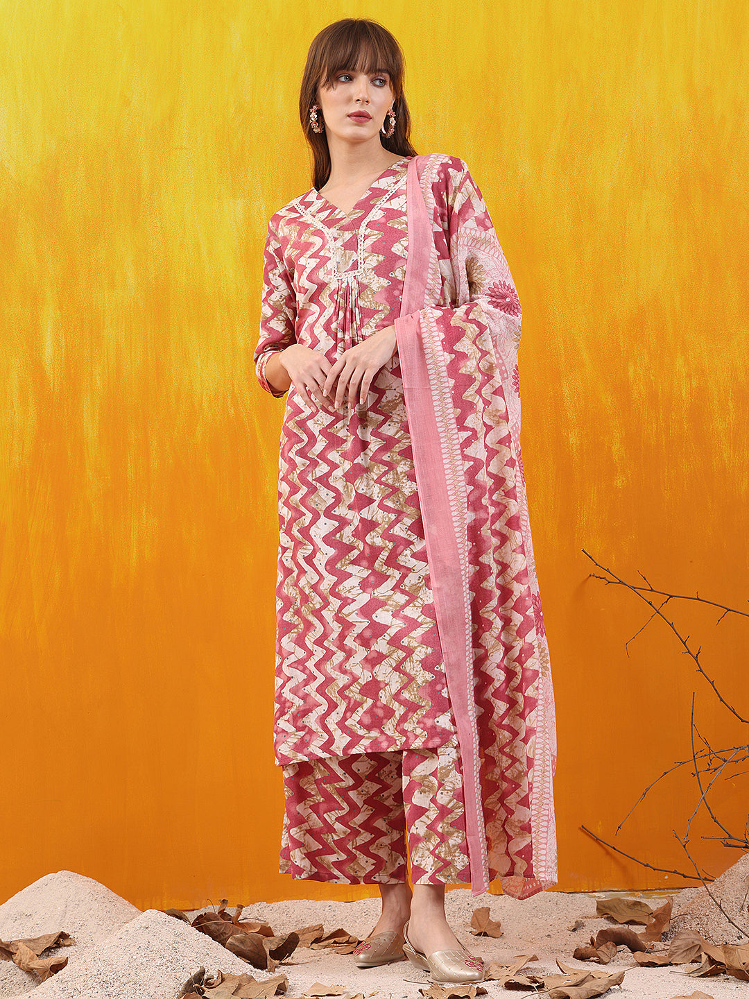 Chevron Printed Kurta With Palazzo Pant & Dupatta, Pink - Hiral Fashion | Grocsy
