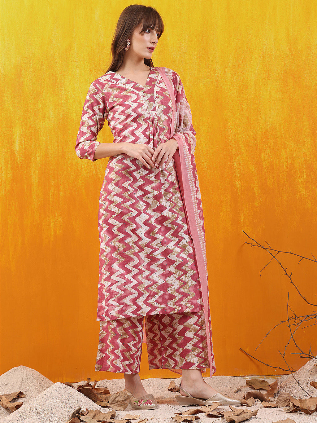 Chevron Printed Kurta With Palazzo Pant & Dupatta, Pink - Hiral Fashion | Grocsy