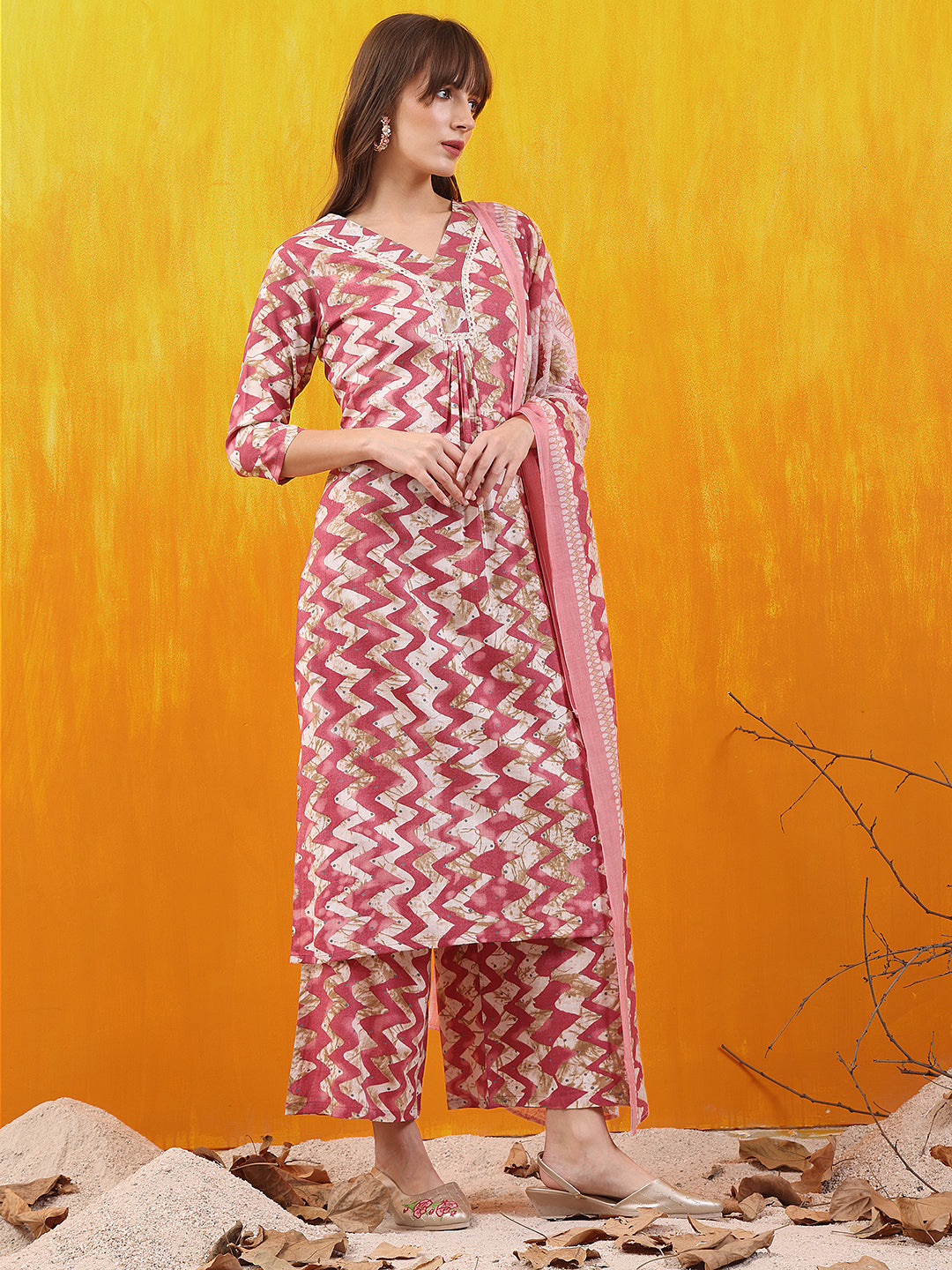 Chevron Printed Kurta With Palazzo Pant & Dupatta, Pink - Hiral Fashion | Grocsy