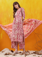 Chevron Printed Kurta With Palazzo Pant & Dupatta, Pink - Hiral Fashion | Grocsy
