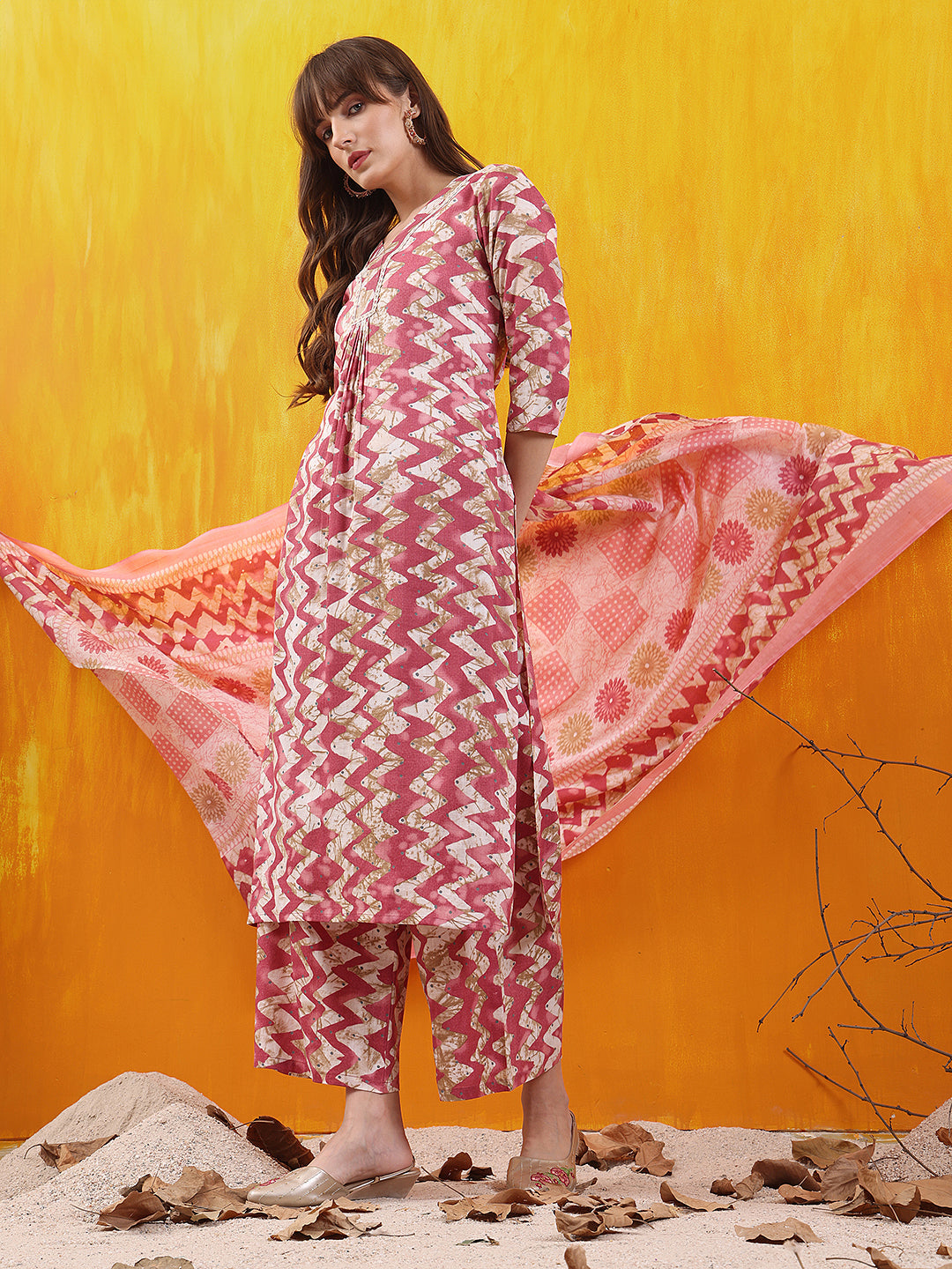 Chevron Printed Kurta With Palazzo Pant & Dupatta, Pink - Hiral Fashion | Grocsy