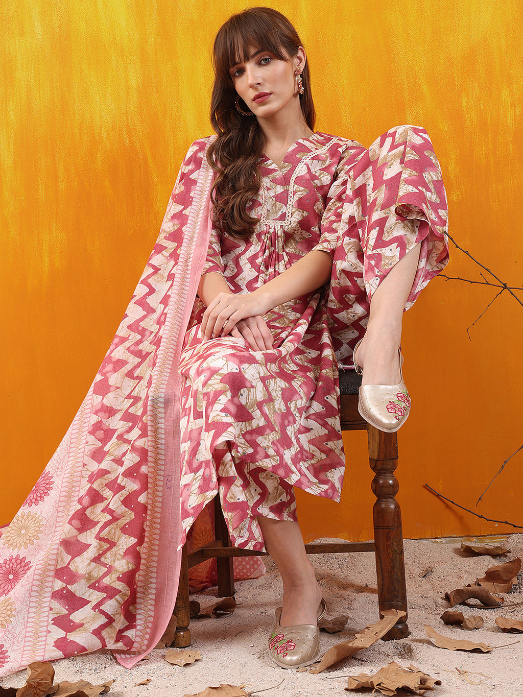 Chevron Printed Kurta With Palazzo Pant & Dupatta, Pink - Hiral Fashion | Grocsy