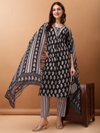 Floral Printed Kurta With Pant & Dupatta, Black - Hiral Fashion | Grocsy