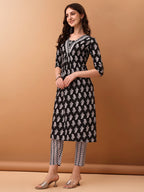 Floral Printed Kurta With Pant & Dupatta, Black - Hiral Fashion | Grocsy