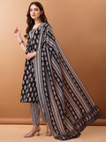 Floral Printed Kurta With Pant & Dupatta, Black - Hiral Fashion | Grocsy