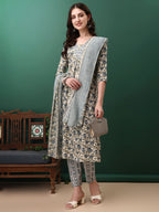Floral Printed Kurta With Pant & Dupatta, Navy Blue - Hiral Fashion | Grocsy