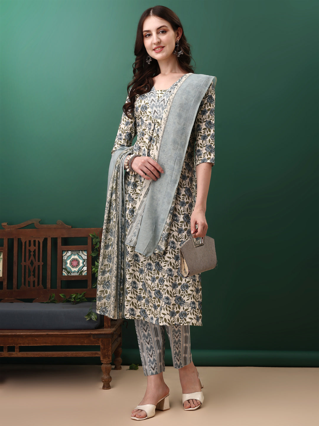Floral Printed Kurta With Pant & Dupatta, Navy Blue - Hiral Fashion | Grocsy