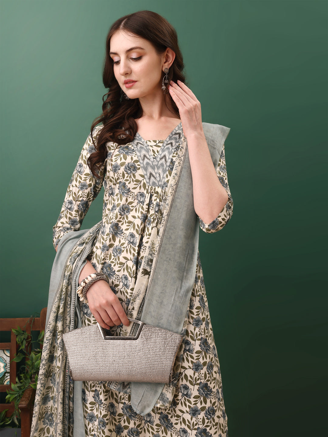 Floral Printed Kurta With Pant & Dupatta, Navy Blue - Hiral Fashion | Grocsy