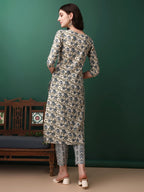 Floral Printed Kurta With Pant & Dupatta, Navy Blue - Hiral Fashion | Grocsy