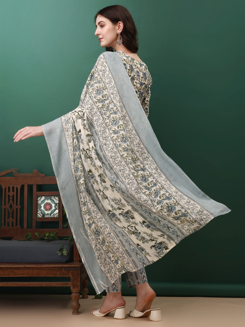 Floral Printed Kurta With Pant & Dupatta, Navy Blue - Hiral Fashion | Grocsy