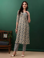 Floral Printed Kurta With Pant & Dupatta, Navy Blue - Hiral Fashion | Grocsy