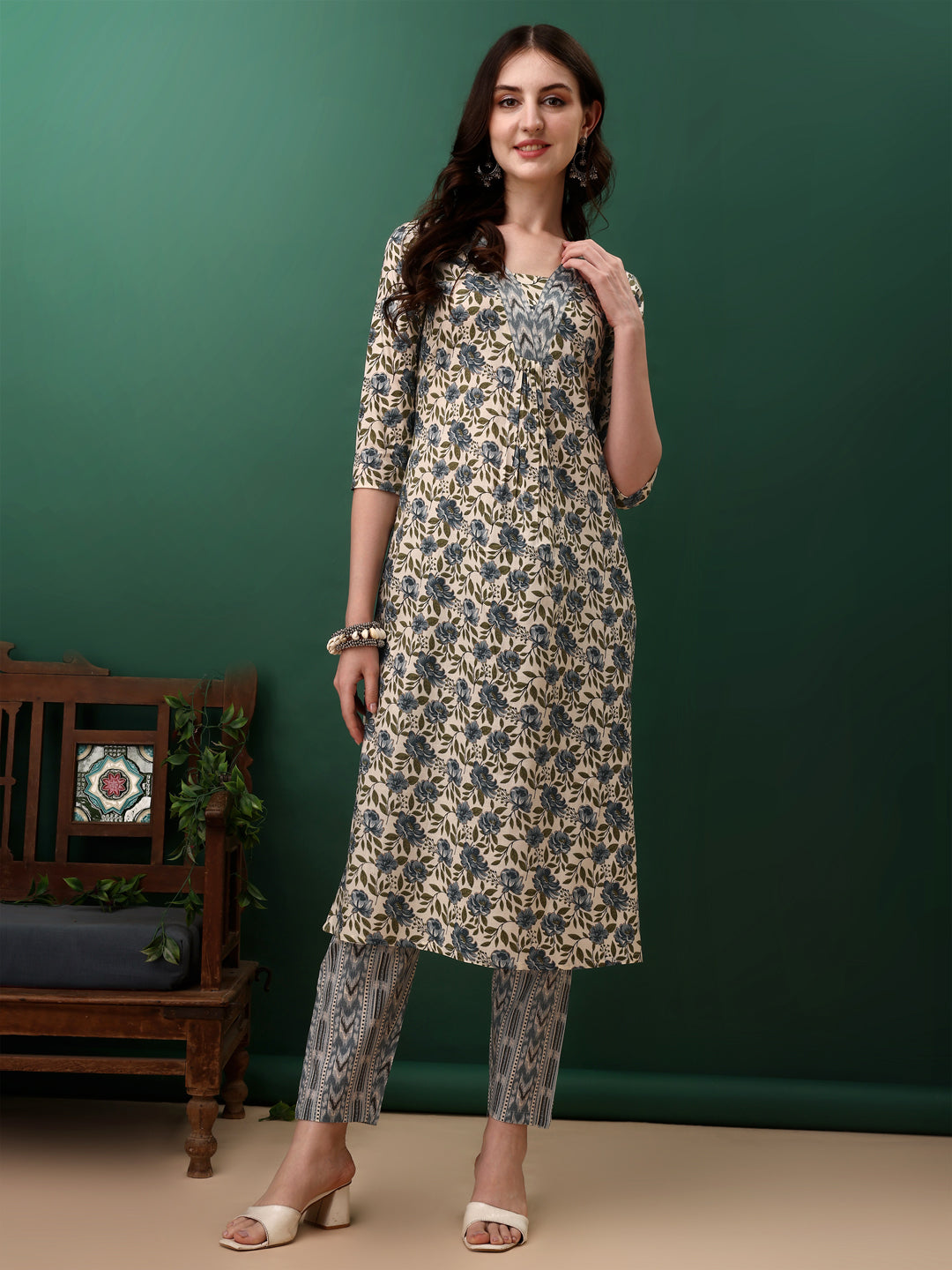 Floral Printed Kurta With Pant & Dupatta, Navy Blue - Hiral Fashion | Grocsy