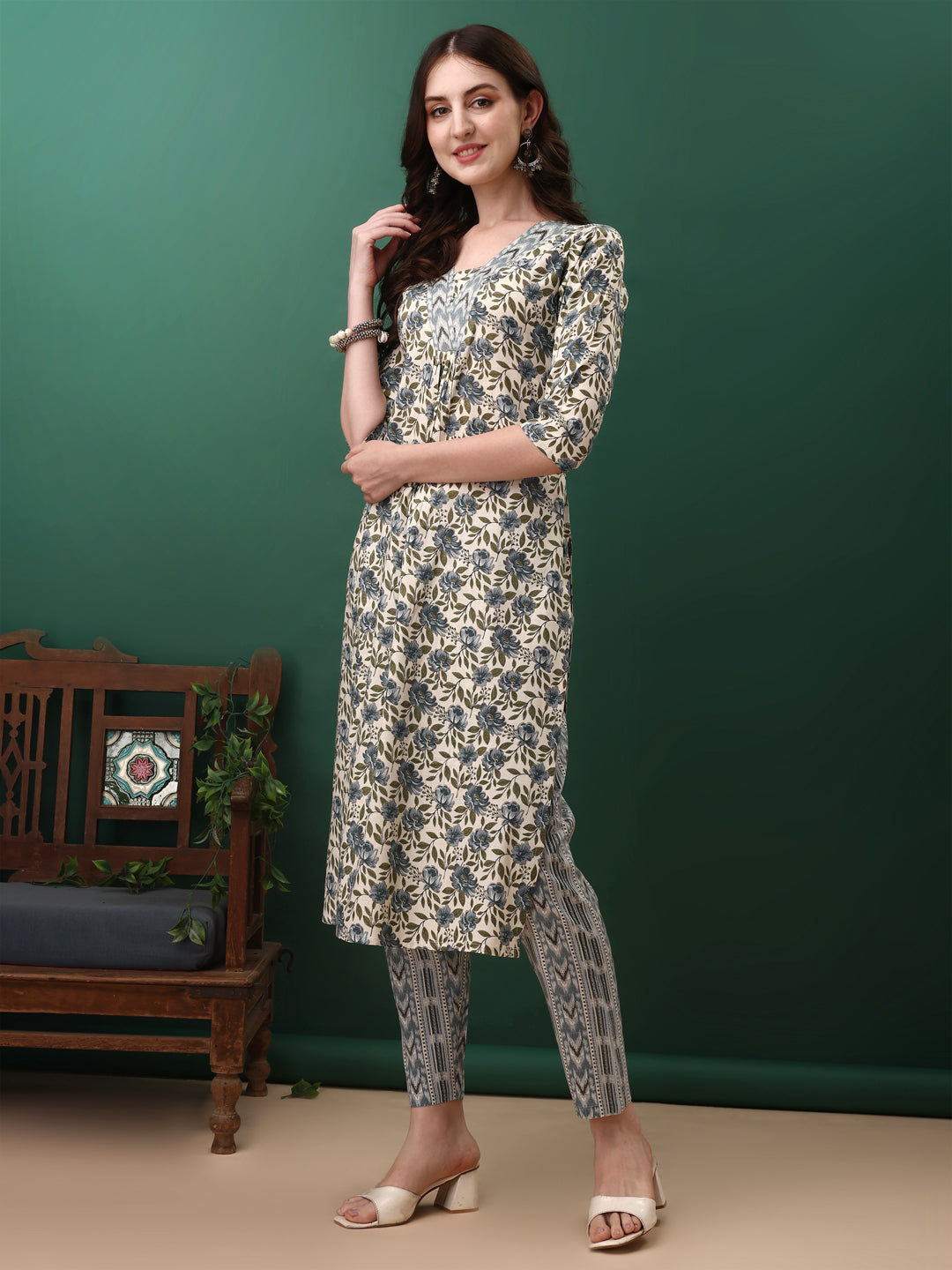 Floral Printed Kurta With Pant & Dupatta, Navy Blue - Hiral Fashion | Grocsy