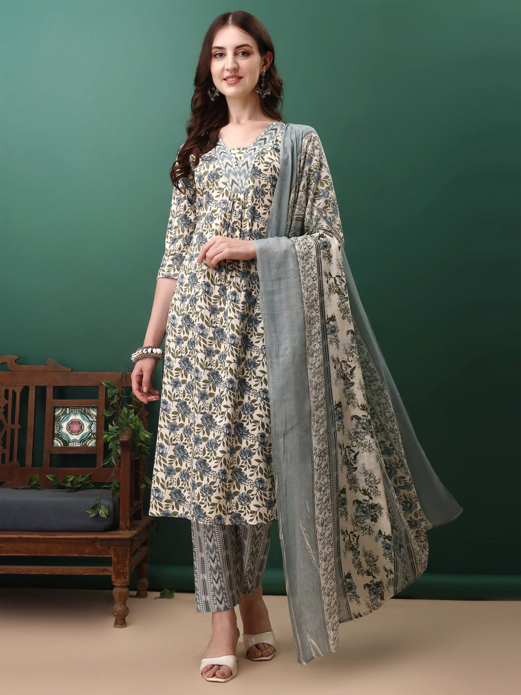 Floral Printed Kurta With Pant & Dupatta, Navy Blue - Hiral Fashion | Grocsy