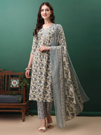Floral Printed Kurta With Pant & Dupatta, Navy Blue - Hiral Fashion | Grocsy