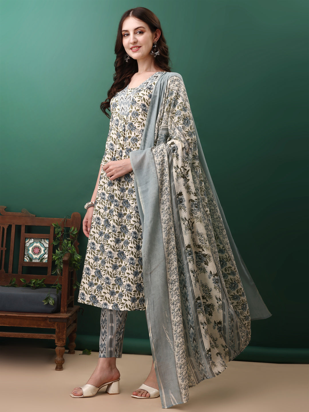 Floral Printed Kurta With Pant & Dupatta, Navy Blue - Hiral Fashion | Grocsy