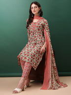 Floral Printed Kurta With Pant & Dupatta, Pink - Hiral Fashion | Grocsy