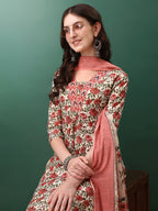 Floral Printed Kurta With Pant & Dupatta, Pink - Hiral Fashion | Grocsy