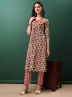 Floral Printed Kurta With Pant & Dupatta, Pink - Hiral Fashion | Grocsy