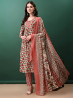 Floral Printed Kurta With Pant & Dupatta, Pink - Hiral Fashion | Grocsy