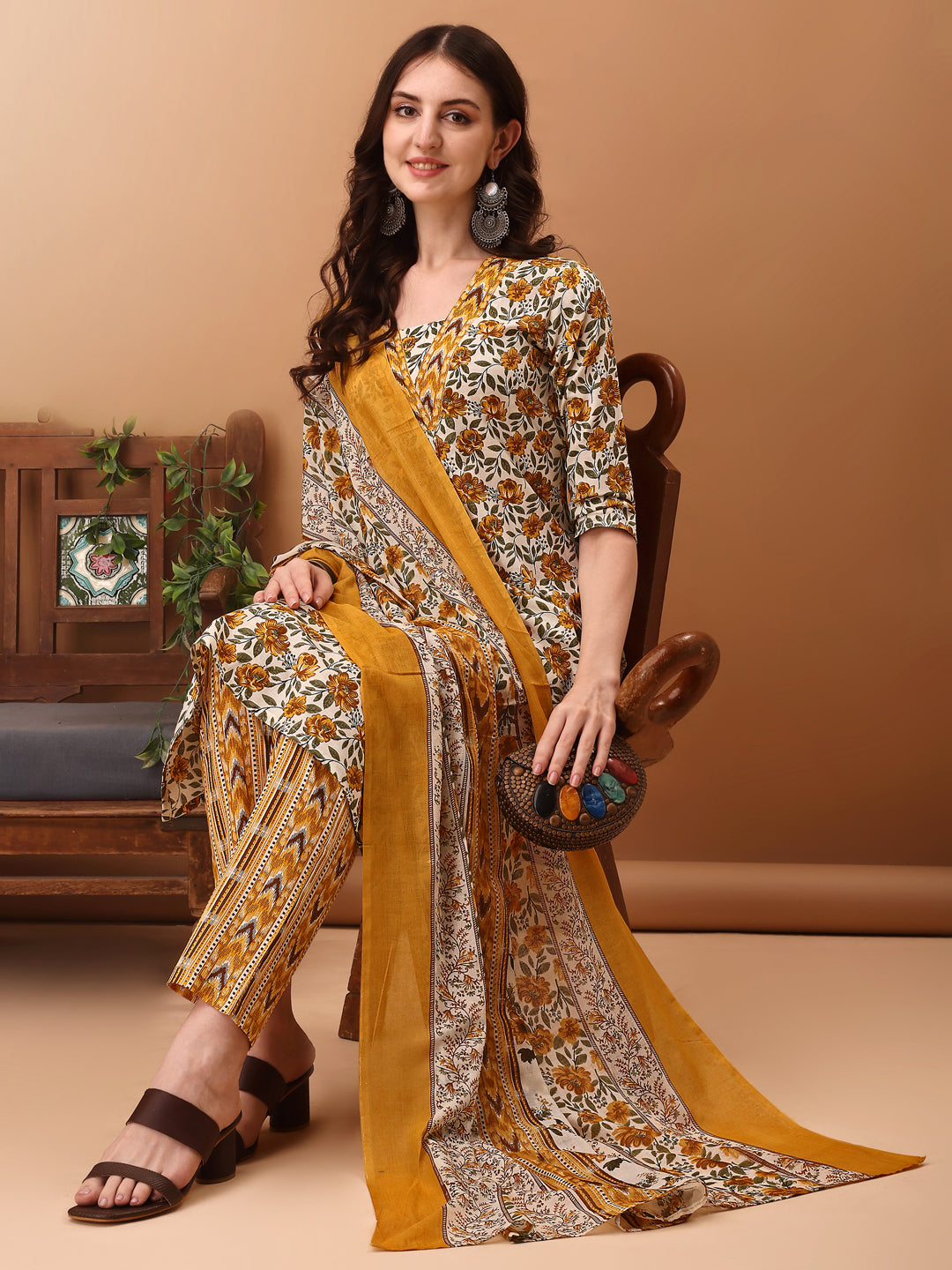 Floral Printed Kurta With Pant & Dupatta, Yellow - Hiral Fashion | Grocsy