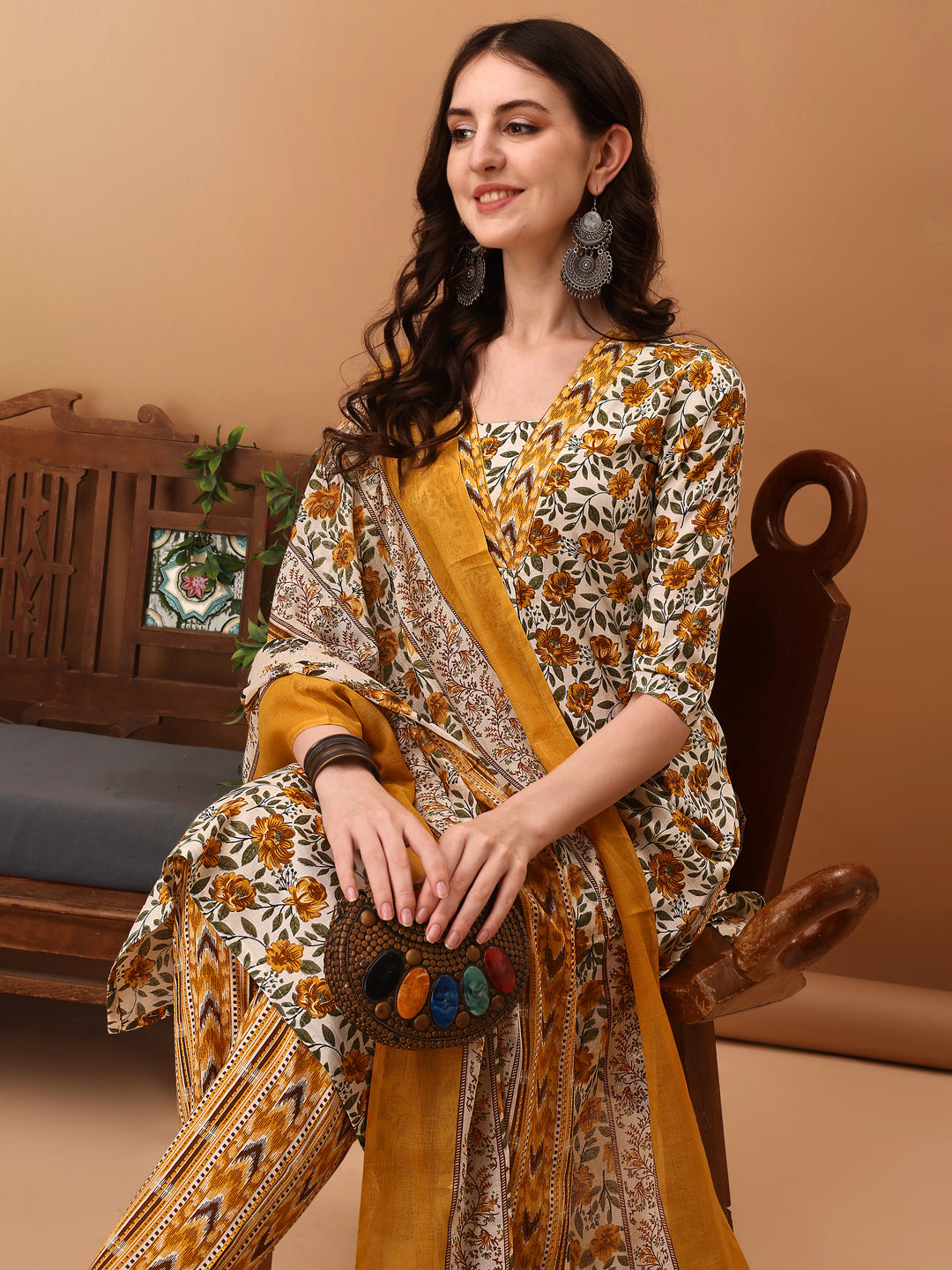 Floral Printed Kurta With Pant & Dupatta, Yellow - Hiral Fashion | Grocsy