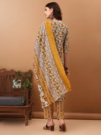 Floral Printed Kurta With Pant & Dupatta, Yellow - Hiral Fashion | Grocsy