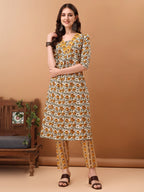 Floral Printed Kurta With Pant & Dupatta, Yellow - Hiral Fashion | Grocsy