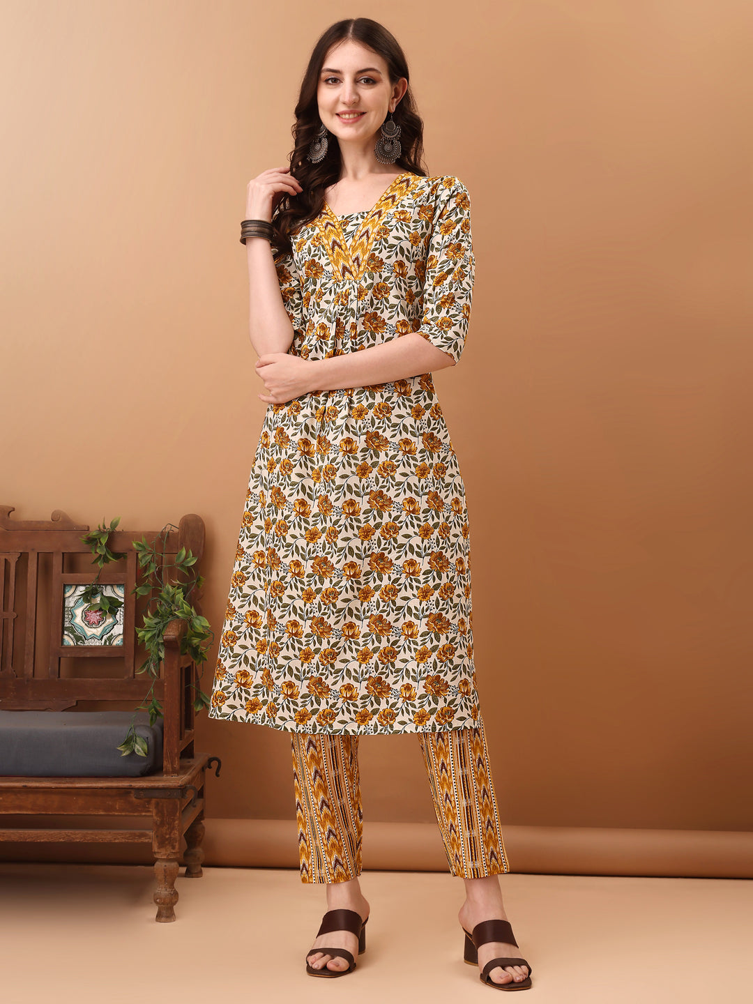Floral Printed Kurta With Pant & Dupatta, Yellow - Hiral Fashion | Grocsy