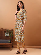 Floral Printed Kurta With Pant & Dupatta, Yellow - Hiral Fashion | Grocsy
