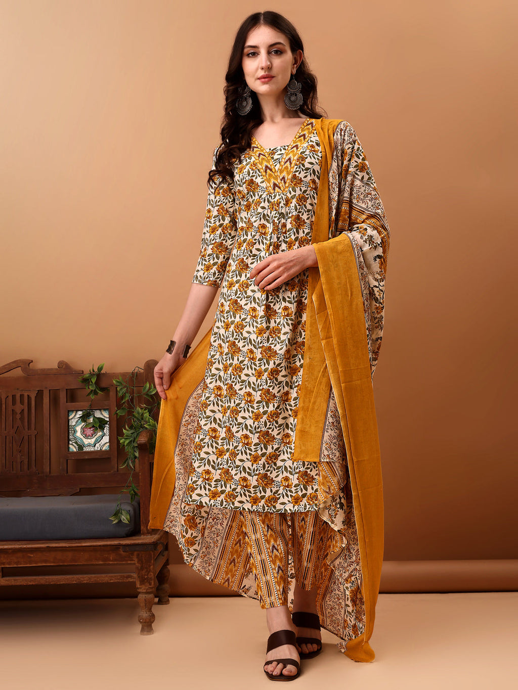 Floral Printed Kurta With Pant & Dupatta, Yellow - Hiral Fashion | Grocsy
