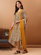Floral Printed Kurta With Pant & Dupatta, Yellow - Hiral Fashion | Grocsy