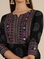 Printed Rayon Kurta With Pant & Printed Dupatta, Black - Hiral Fashion | Grocsy