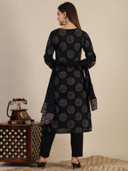 Printed Rayon Kurta With Pant & Printed Dupatta, Black - Hiral Fashion | Grocsy